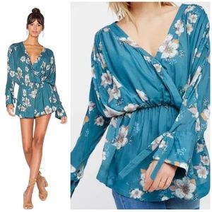 Free People Teal Floral Tunic Top
